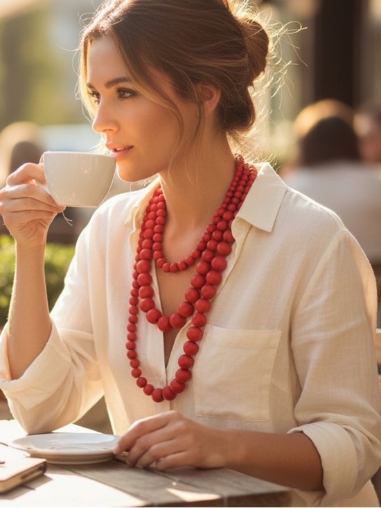 Chico's Jewelry - Signed Chico’s Multi Strand Matte Red Wooden Bead Statement Necklace